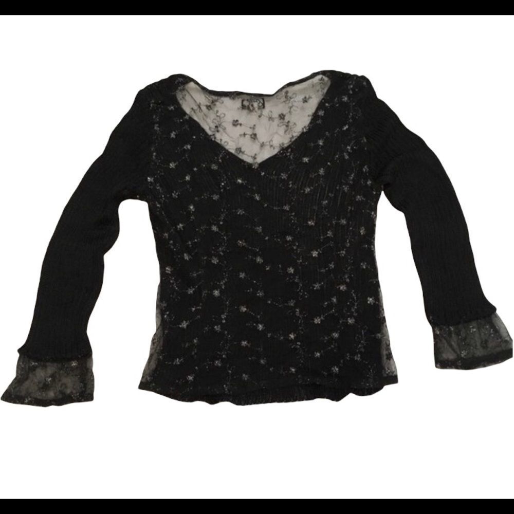 Elaris Black Ribbed Sweater With Sheer Back Top